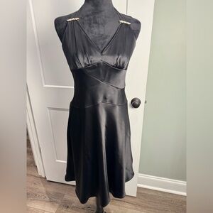 Cache Black Satin fit and flare halter Dress gold embellishment flattering